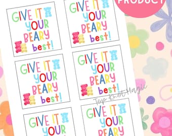 Podaruj swojemu Beary'emu najlepszy sportowy prezent do druku, etykieta na smakołyk „Zespołu Powodzenia” dla sportowców, żelki „Game Bear” do pobrania natychmiast