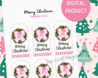 Wesołych Świąt Różowa Kokardka Dziewczyna Etykieta Prezentowa, Prezent Wdzięcznościowy, Do Wydrukowania Natychmiastowego Pobrania