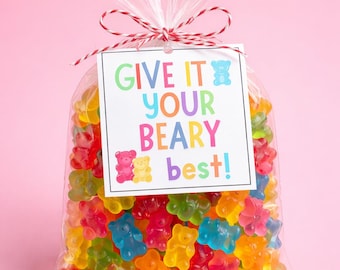 Podaruj swojemu misiakowi najlepszą, wydrukowaną etykietę na prezent, etykietę na smakołyk dla uczniów z żelkami w dniu testu, słodycze zachęcające do klasy do pobrania