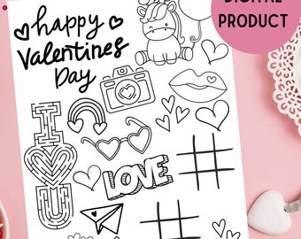 Digital Valentines Coloring Page, Kids Party, Printable, Happy Valentines Day, Tea Party