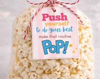 May include: A transparent bag filled with popcorn, tied with red and white twine. A tag with the words "Push yourself to do your best make that routine POP!" is attached to the bag.