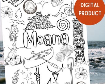 Moana Inspired Instant Download Kolorowanka, Aktywność na Urodziny i Arkusz Kolorowanki