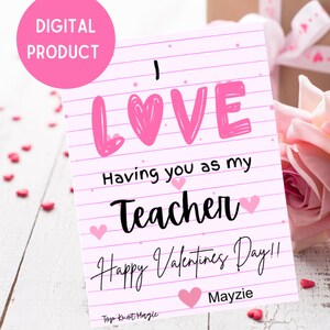 Stampabile "Adoro averti come insegnante" Biglietto di San Valentino, Etichetta per insegnanti in classe, Download istantaneo fai da te
