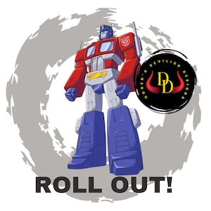 Puede incluir: Un robot rojo, blanco y azul con las palabras "Roll Out!" impresas debajo. El robot está de pie frente a un círculo gris con un círculo negro con un logotipo de diablo rojo y el texto "Odden's Devilish Designs" en blanco.