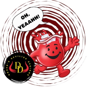 Puede incluir: Un personaje de dibujos animados rojo con una gran sonrisa, sosteniendo un vaso de líquido rojo con cubitos de hielo. El personaje corre hacia la derecha, con un globo de diálogo sobre su cabeza que dice "Oh, Yeaahh!" El fondo es un patrón de remolino rojo y blanco.
