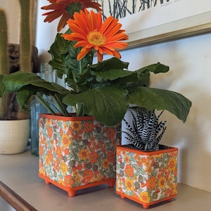 Vintage planter, foral orange colourful indoor houseplant pot, retro home decor, gifts for her, repurposed fabric, Housewarming gift