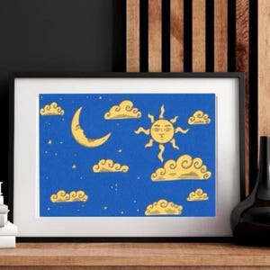 Celestial Art Print: Starry Moon & Sun, Blue and Gold (PDF Available)