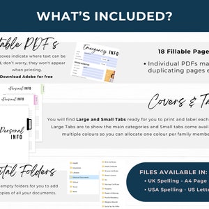 What's Included in this Life Binder Document Organizer?
18 Fillable Pages, Editable PDF Files
Covers and Tabs for Printing and Filing
Digital Folders to back up your documents
Files available in UK Spelling- A4 Pages and USA Spelling - US Letter Page