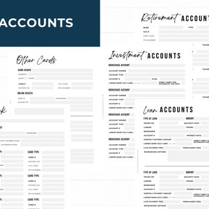 Bank account details, cards, loan accounts, investment accounts, retirement accounts