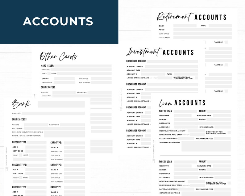 Bank account details, cards, loan accounts, investment accounts, retirement accounts