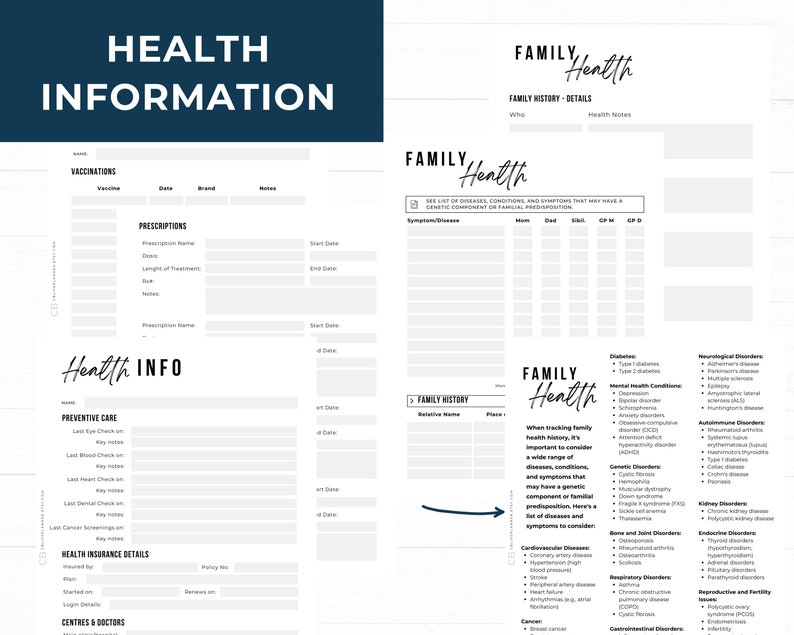 Health information that besides basic information includes Family History, Prescriptions and vaccinations
