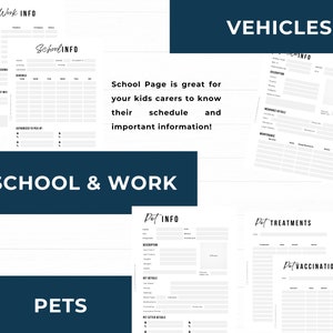 Vehicle information in case of theft or accident, Pet information in case it goes missing, Pet treatments and vaccinations. School and Work information.