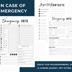 Emergency Info, Important Contacts, If I go Missing profile page. Useful for housemembers, guests and carers (nanny, pet sitter, etc)