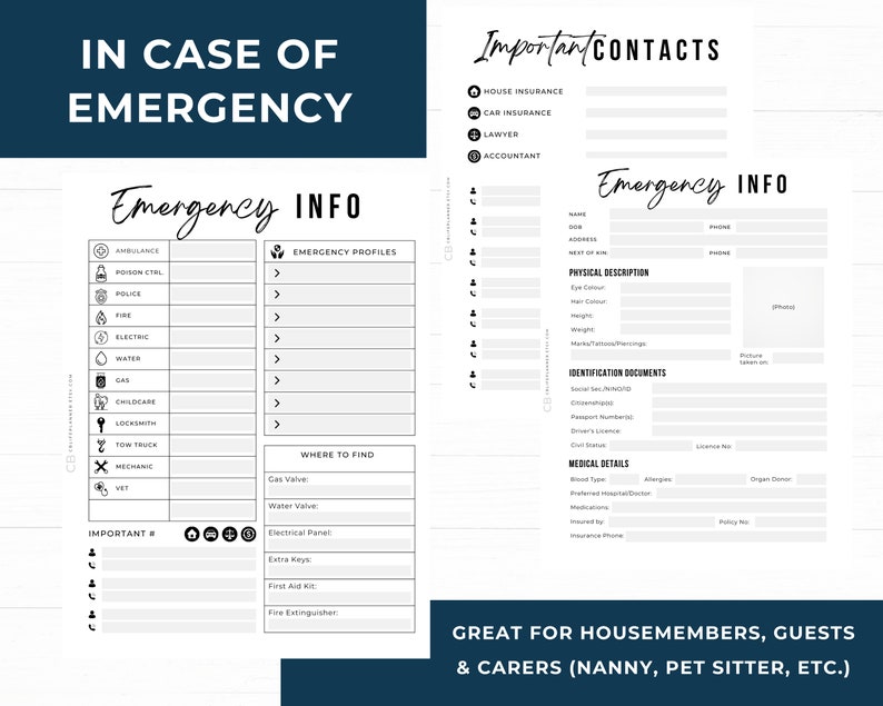 Emergency Info, Important Contacts, If I go Missing profile page. Useful for housemembers, guests and carers (nanny, pet sitter, etc)