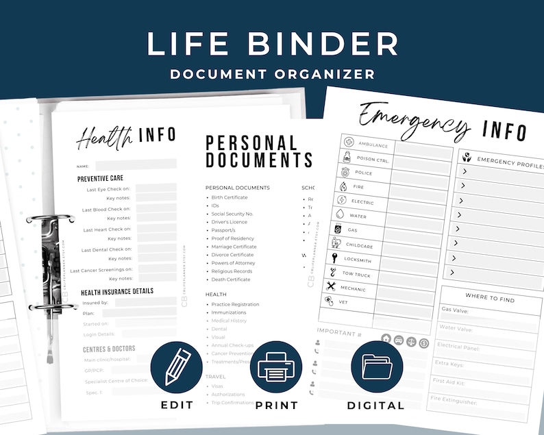 Life Binder Document Organizer
Editable PDF 
Digital Back Up
Printable