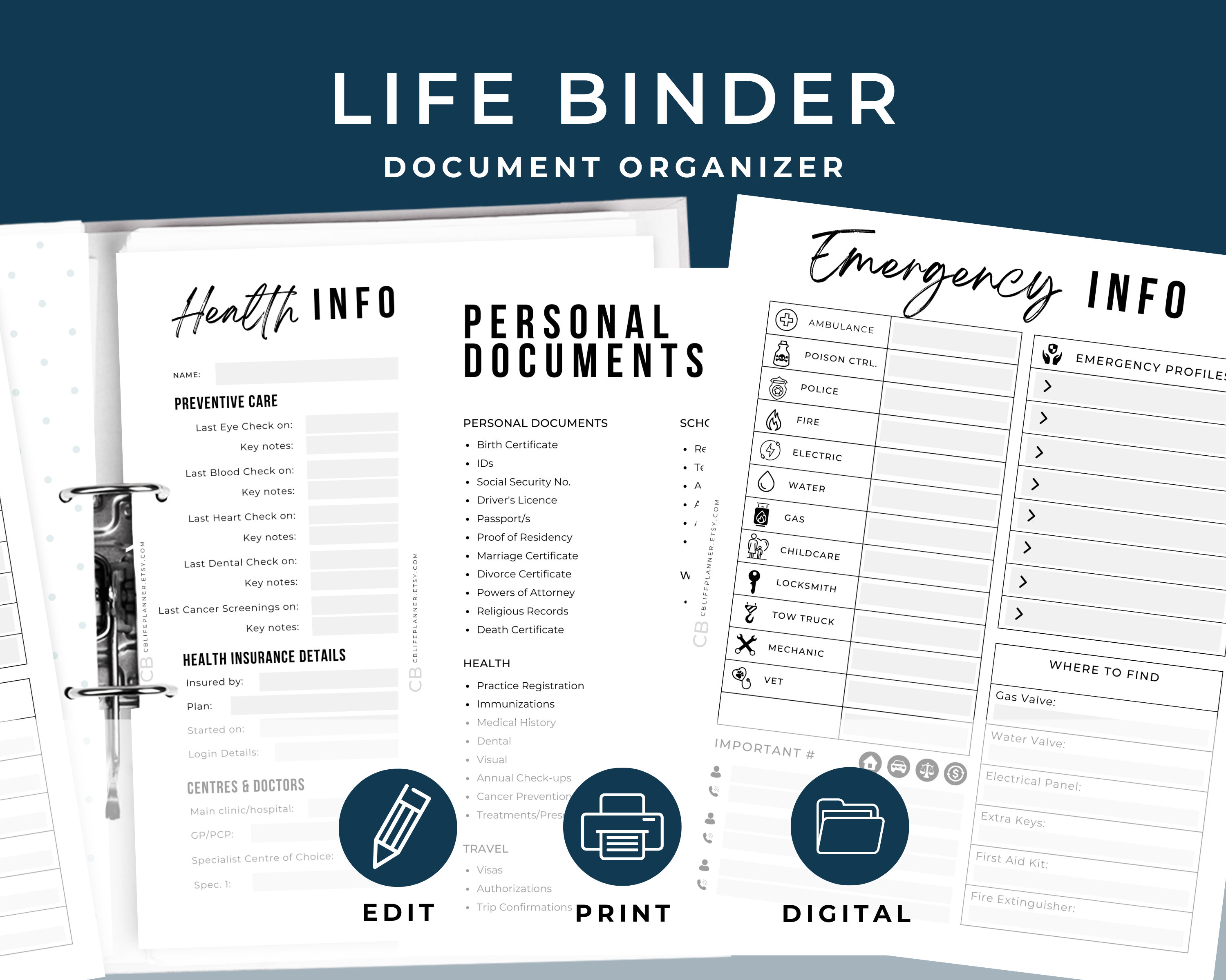 Life Binder & Emergency Planner: Fillable PDF Document Organizer | Home ...