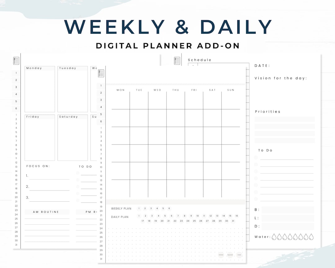 Weekly and Daily Digital Planner Insert, Undated One Month Planner Add