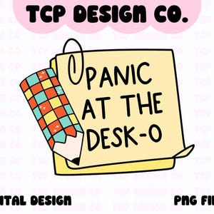 May include: A yellow sticky note with the text "Panic at the Desk-O" written in black. A red, yellow, and blue checkered pencil is sticking out from behind the note.