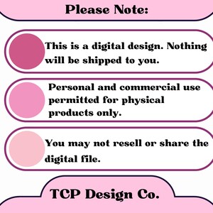 Pode incluir: Aviso de design digital com texto em uma moldura rosa e roxa. O texto afirma que &eacute; um design digital, nada ser&aacute; enviado e o uso pessoal e comercial &eacute; permitido apenas para produtos f&iacute;sicos. A parte inferior da imagem diz "TCP Design Co."