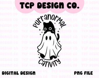 Purranormal Cativity PNG: design digitale di un gatto fantasma spettrale (download digitale) per adesivi a sublimazione, magliette, tazze e borse.