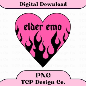 May include: Pink heart-shaped graphic with black flames and the text "elder emo" in black.