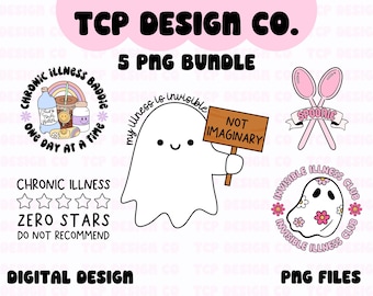 May include: A set of five digital designs featuring illustrations related to chronic illness. The designs include a ghost with the text "My illness is invisible, not imaginary", a ghost with flowers and the text "Invisible Illness Club", a cup of water with the text "Chronic Illness Baddie One Day at a Time", a rating of zero stars with the text "Chronic Illness Zero Stars Do Not Recommend", and two pink spoons crossed with the text "Spoonie".