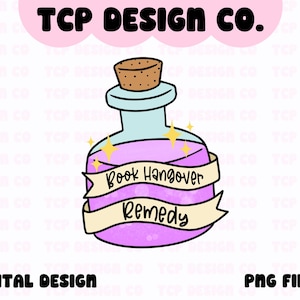 Könnte beinhalten: Eine violette Zaubertrankflasche mit einem Korkstopfen und einem Etikett mit der Aufschrift "Buch-Kater-Mittel". Die Flasche ist von funkelnden Sternen umgeben.