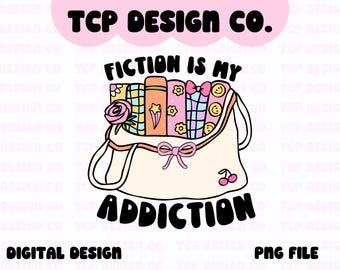 Op de afbeelding: Een digitaal ontwerp met een crèmekleurige draagtas gevuld met kleurrijke boeken, een roos en een strik. De tekst "FICTION IS MY ADDICTION" staat onder de tas, met "TCP DESIGN CO." erboven. Het ontwerp bevat ook "DIGITAL DESIGN" en "PNG FILE".