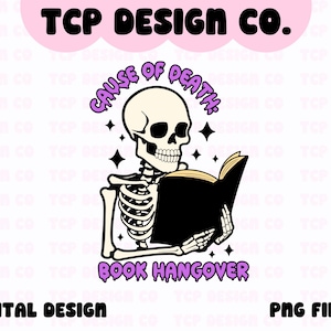 Puede incluir: Un esqueleto leyendo un libro con el texto "Cause of Death. Book Hangover" en letras moradas.