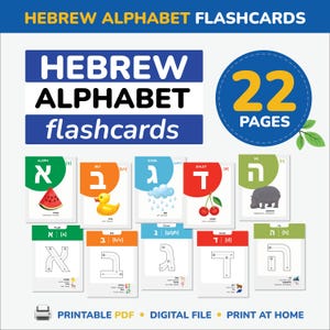 Tarjetas didácticas del alfabeto hebreo para trazar las letras hebreas. Vocabulario del idioma hebreo. Tarjetas bilingües imprimibles con pronunciaciones. Para padres judíos.