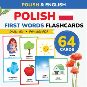 Flashcards em polonês, primeiras palavras, aprenda a língua polonesa, vocabulário polonês para impressão, cartões bilíngues com pronúncias, cartões de presente em polonês