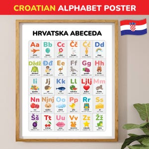 Póster del alfabeto croata para enseñar las letras croatas, impresión educativa del alfabeto, aprender croata, decoración de la habitación de los niños, arte croata para guardería, regalo para bebé