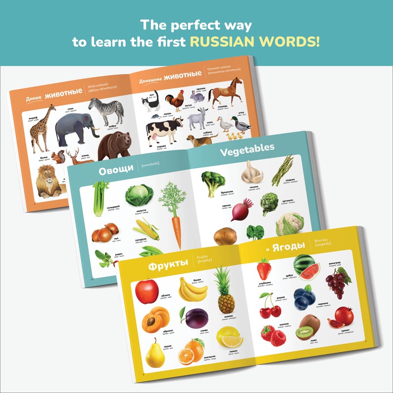 May include: Three open educational books with colorful illustrations. The books display images of wild animals, domestic animals, vegetables, fruits, and berries. The text "The perfect way to learn the first RUSSIAN WORDS!" is at the top.