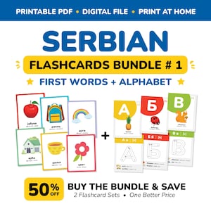 Tarjetas didácticas serbias imprimibles en PDF para niños: primeras palabras del alfabeto, tarjetas bilingües serbio-inglés para el aprendizaje de idiomas en casa - PAQUETE 1