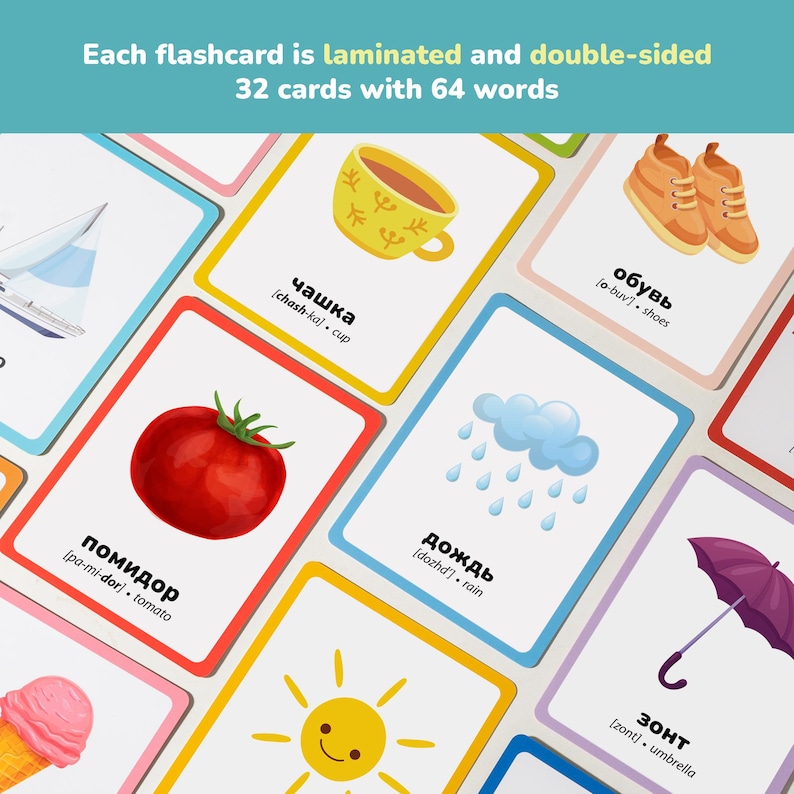 Flat lay of colorful Russian flashcards for kids, featuring bilingual vocabulary for early learning. Includes illustrations of animals, foods, weather, and objects with Russian and English text. Great teaching tool for toddlers, preschoolers, and bilingual learners to build vocabulary naturally.