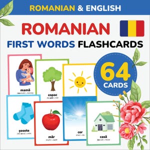 Tarjetas didácticas con las primeras palabras en rumano: aprenda el idioma rumano, vocabulario rumano, alfabeto rumano imprimible, regalo para niños en edad preescolar Montessori