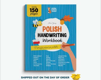May include: A blue and yellow book cover with a bee and a Polish flag. The title is "Polish Handwriting Workbook" and the subtitle is "Potrafię pisać po polsku".