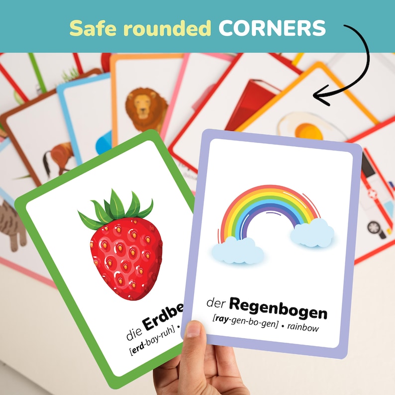 Durable German flashcards for toddlers with safe rounded corners and thick laminated finish. Double-sided cards include German and English words, plus pronunciation support. Fun and educational way to introduce your child to new vocabulary and bilingual learning at home or in preschool.
