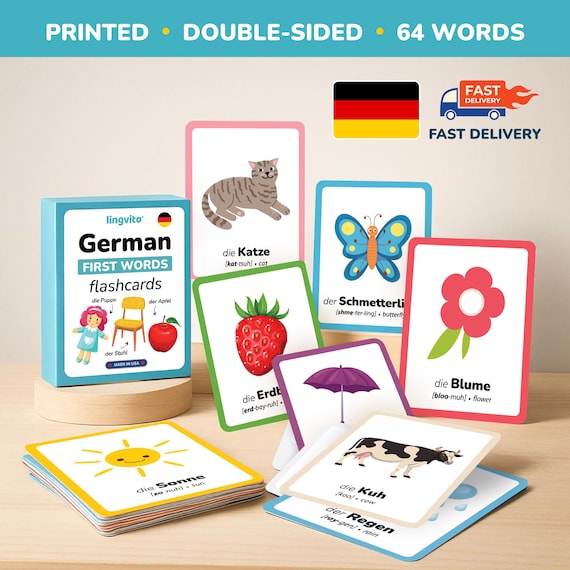PRINTED German flashcards German Language Learn German laminated first words learn German Language vocabulary Card German Letters Gift Kids