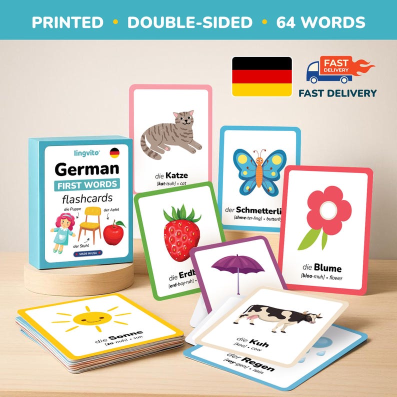 Printed German flashcards set showing multiple cards such as fruits, animals, and objects. Educational bilingual resource for teaching kids their first words in German and English. Perfect gift for parents, teachers, and preschool classrooms. Fast delivery, made with durable materials for long-lasting learning fun.