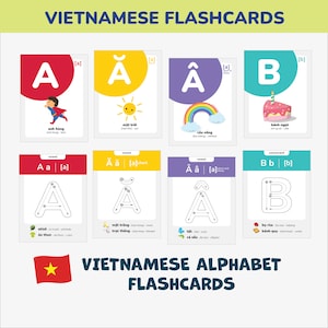 Tarjetas didácticas del alfabeto vietnamita para trazar las letras vietnamitas Vocabulario del idioma vietnamita Tarjetas bilingües imprimibles con pronunciaciones