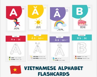 Vietnamese alphabet flashcards tracing Vietnamese letters Language Vietnam vocabulary printable Bilingual Cards with Pronunciations