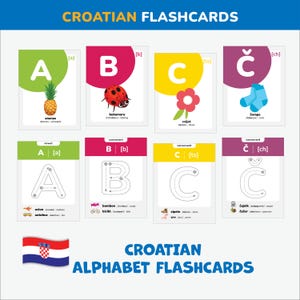 Tarjetas didácticas del alfabeto croata para seguir las letras croatas Vocabulario croata para imprimir Tarjetas bilingües Pronunciaciones Aprende croata