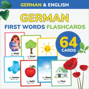 May include: A set of 64 German and English first words flashcards featuring colourful illustrations of a mother and baby, a tree, a sun, blue socks, a red apple, a sky, and a house, with text labels for each item in both German and English.