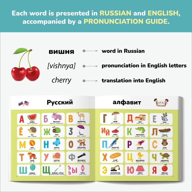 May include: A colorful children's book with Russian and English words, featuring a pronunciation guide. The book displays the Russian alphabet with illustrations and translations. A pair of red cherries is shown at the top.