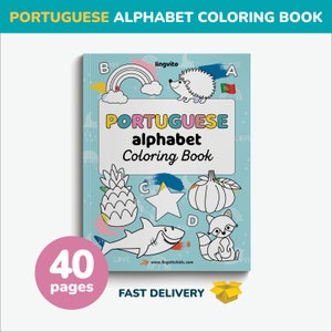 Libro para colorear del alfabeto portugués, libros en portugués para niños, aprender idioma portugués, hoja de trabajo de letras de práctica del alfabeto bilingüe