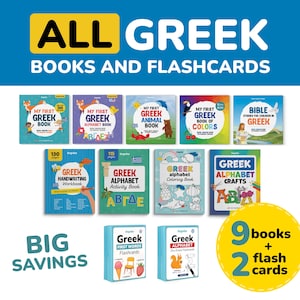 All Greek Books and Flashcards Bundle 9 Bilingual Kids Books and 2 Flashcards to Learn Greek Alphabet Colors Animals Bible Stories Crafts