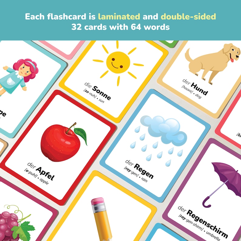 Flat lay of colorful German flashcards for kids, featuring bilingual vocabulary for early learning. Includes illustrations of animals, foods, weather, and objects with German and English text. Great teaching tool for toddlers, preschoolers, and bilingual learners to build vocabulary naturally.