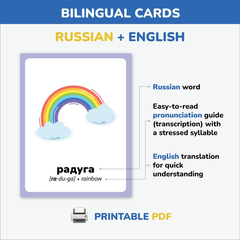 Printable Russian alphabet and vocabulary flashcards – great gift for moms, teachers, and bilingual kids learning Russian at home or school.