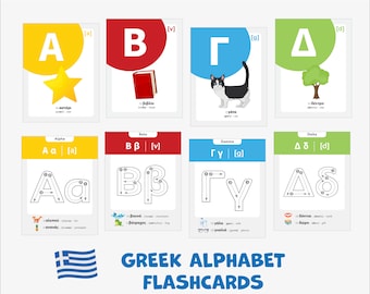 Greek alphabet flashcards tracing Greek letters Greek Language Greece vocabulary printable Bilingual Cards with Pronunciations
